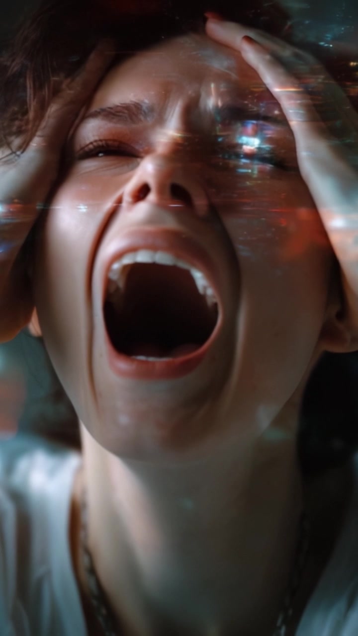 En ung kvinnes emosjonelle uro fanget i fortvilelse, som uttrykker smerte og frustrasjon, omgitt av abstrakte refleksjoner av et bylandskap i dette kraftfulle øyeblikket.