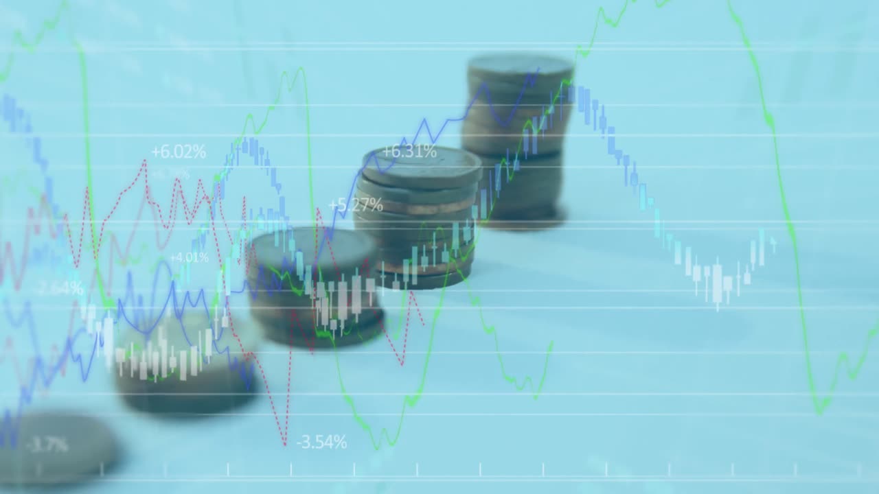 Digital composite video of financial data processing against stack of coins