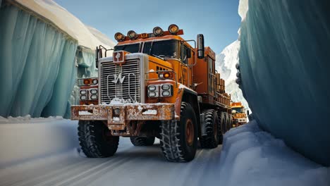 heavy-duty trucks navigate icy terrain in a remote polar landscape