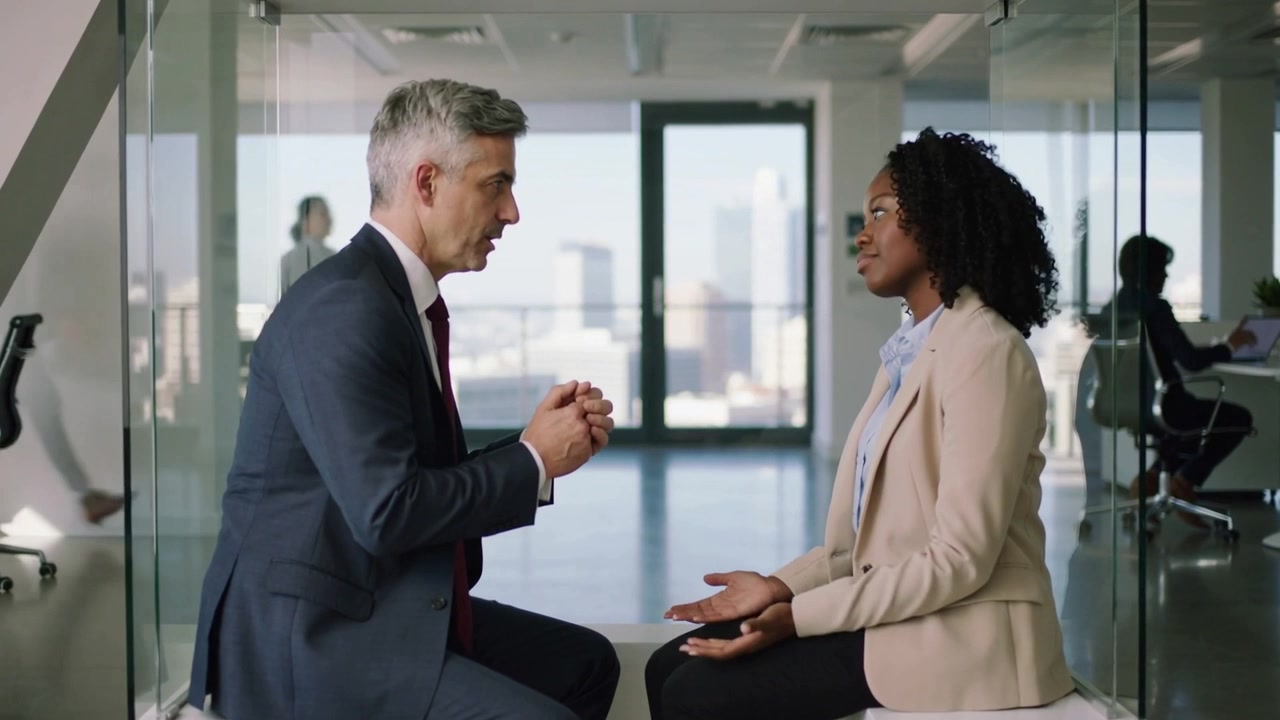 Discussing feedback, man in navy suit leading while woman in beige blazer replying in glass alcove
