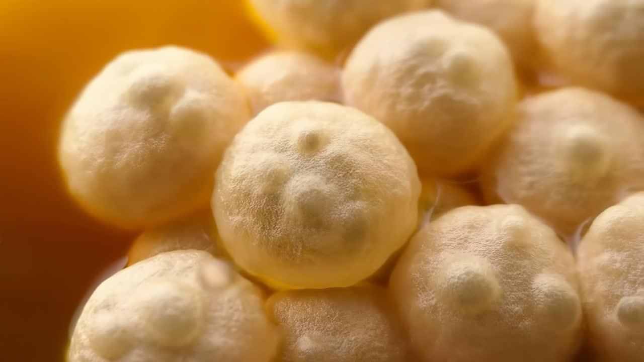 Macro primo piano di sfere dorate gonfie, che mostrano una superficie opaca e morbida, un grappolo compatto, su uno sfondo ambra caldo.