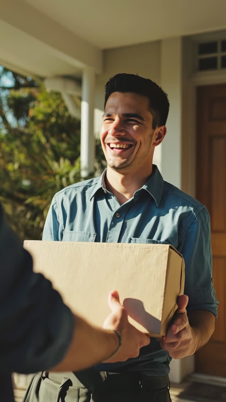 Happy Man Receiving a Package at His Home