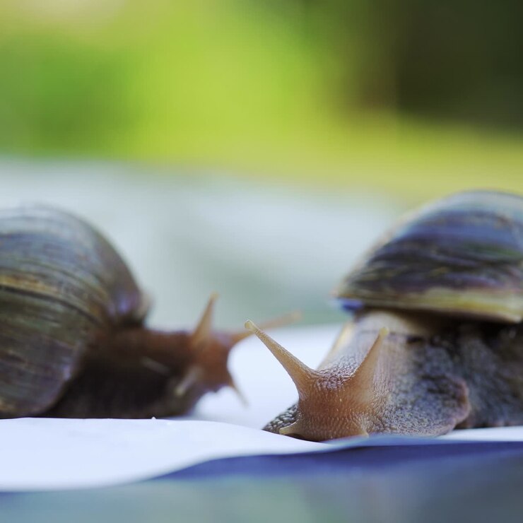 Large African snails Achatina Fulica. Domestic shellfish with healing mucus. Pets from the beauty salon.