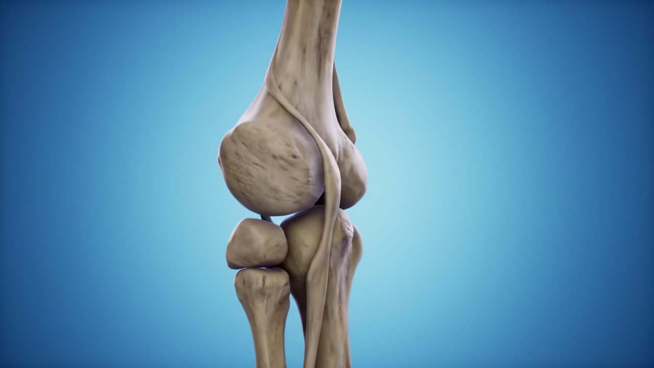 Detailed Anatomical Visualization of the Human Knee Joint, Highlighting Bone Structure, Ligaments, and Functional Components for Educational Purposes