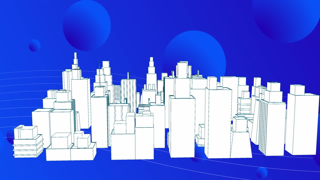 스 ⁇ 과 디지털 도시의 애니메이션이 파란색 배경에 있습니다.