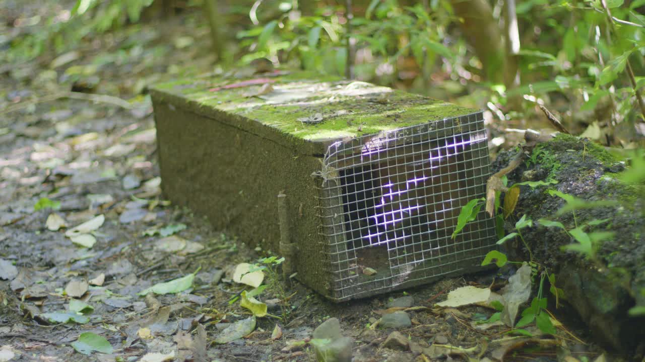 Close up shot of a rat trap in a native New Zealand forest as a person walks past it
