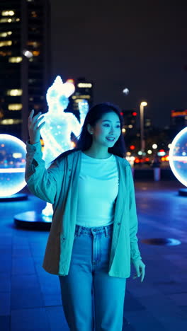 young woman exploring a neon-lit city at night