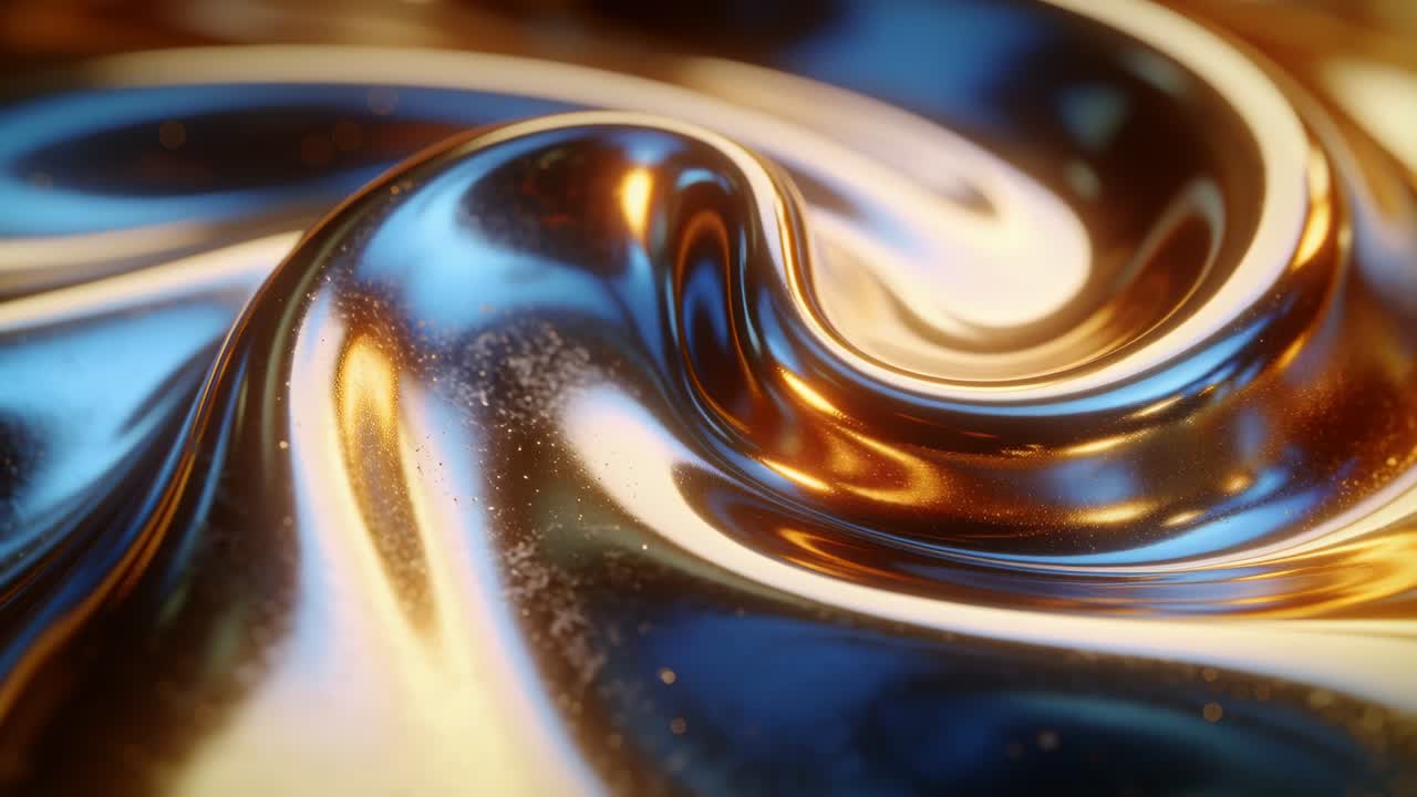 Vortice di metallo lucido che si arriccia in uno studio macro, con riflessi blu-oro e puntini, in risposta ai fotogrammi.