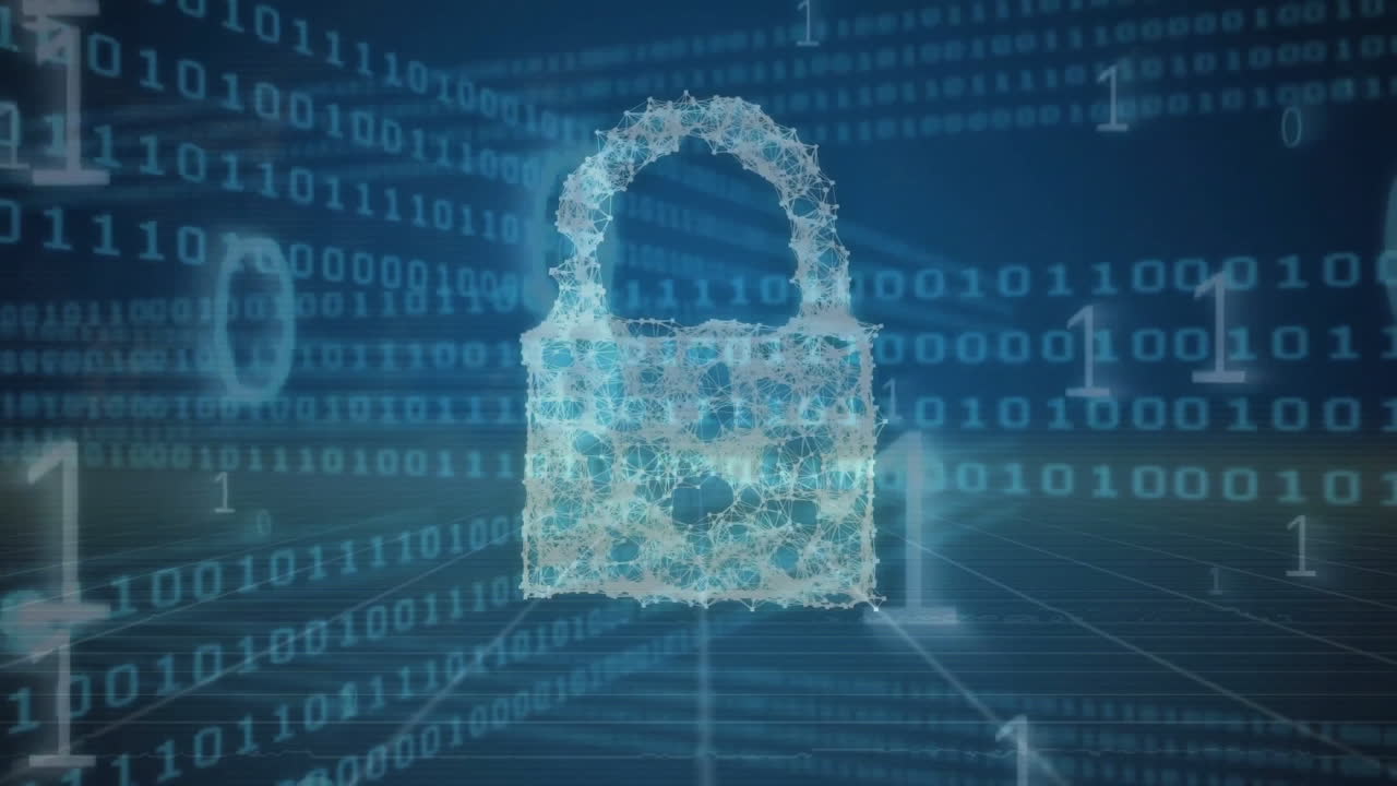Animation of digital padlock icon and binary coding data processing over grid background