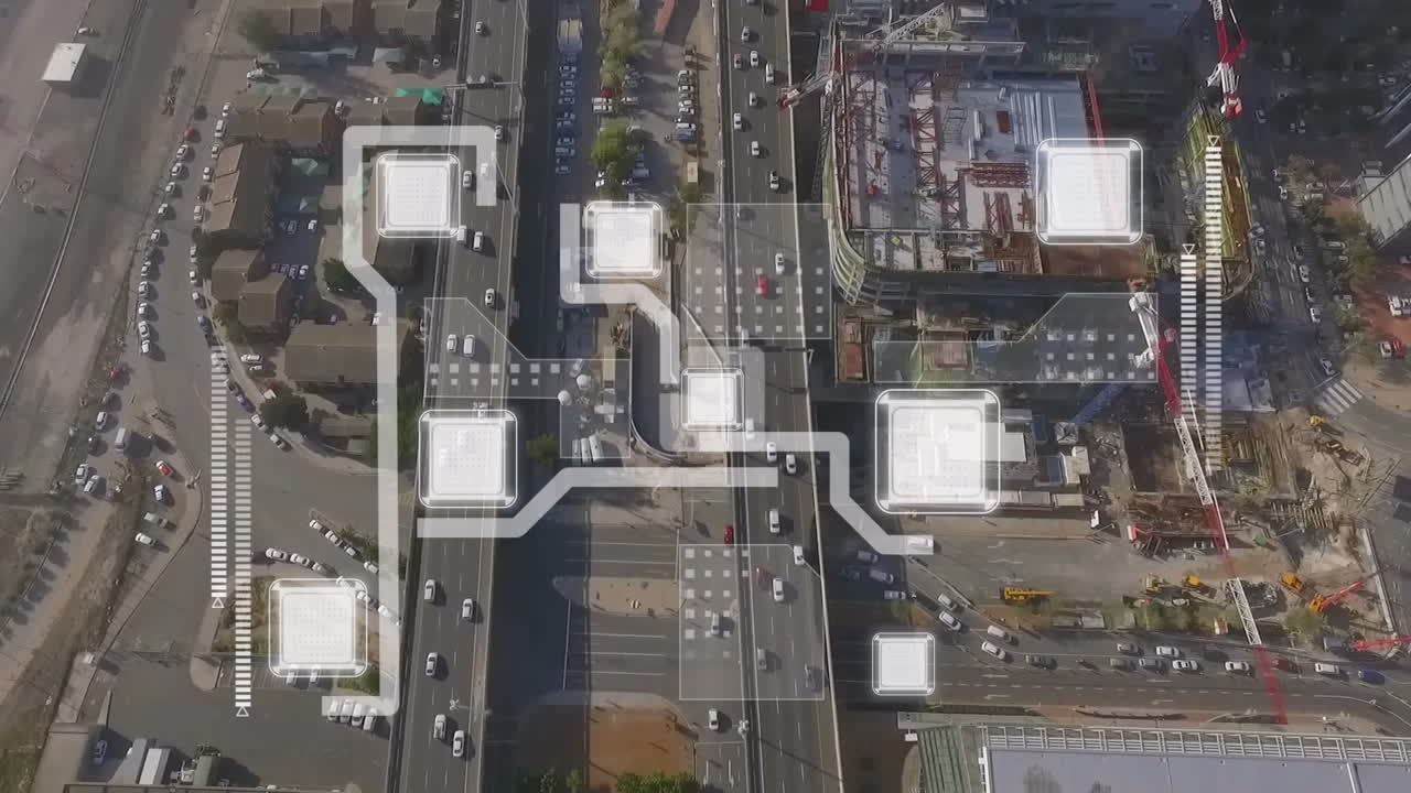 animación de la red digital de intercambio de datos sobre una vista aérea de la ciudad moderna