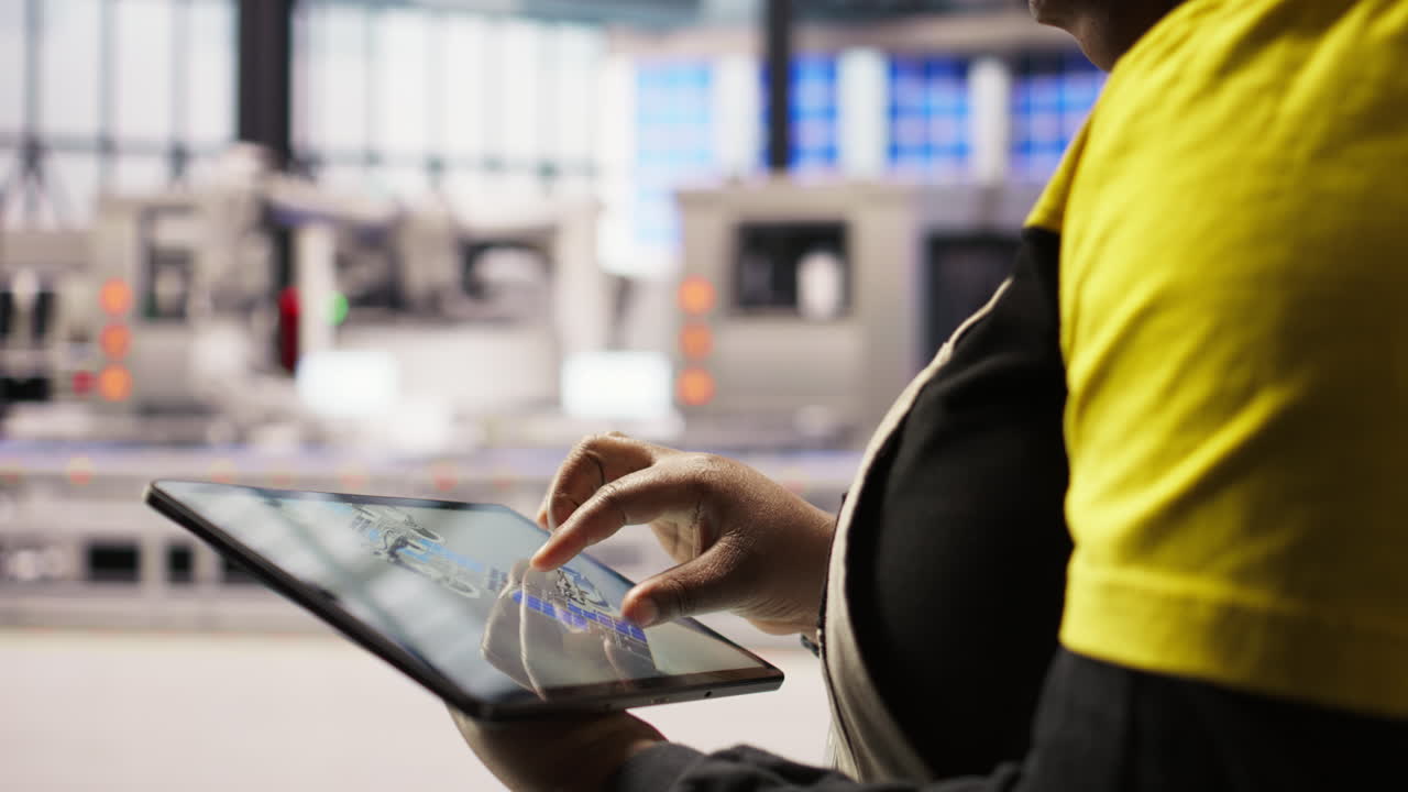 Vertical video Close up of engineer in industry 4.0 plant designing robotic production lines