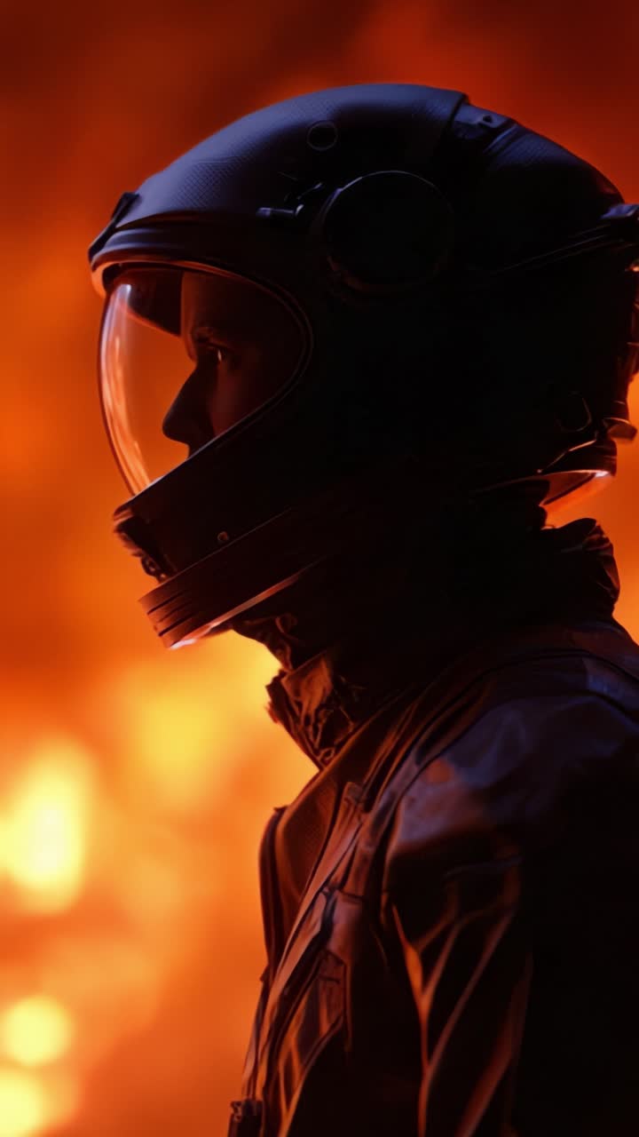 Un astronauta solitario si erge contro uno sfondo di colori infuocati, catturando un momento di contemplazione tra l'esplorazione e i pericoli del cosmo.