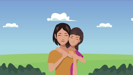 feliz día de las madres tarjeta con la madre y la hija en el campamento