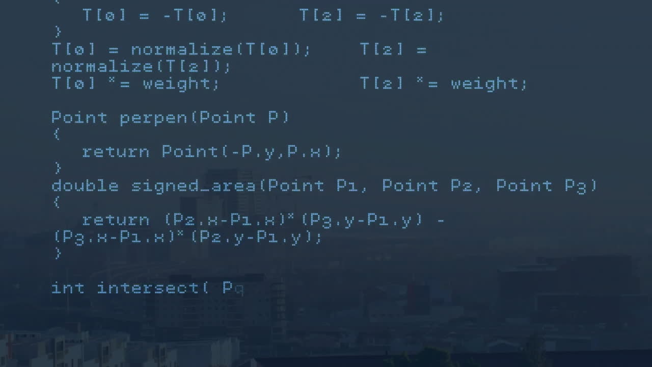 Computer code animation over cityscape background