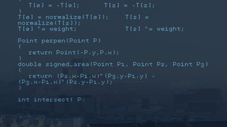 Computer code animation over cityscape background
