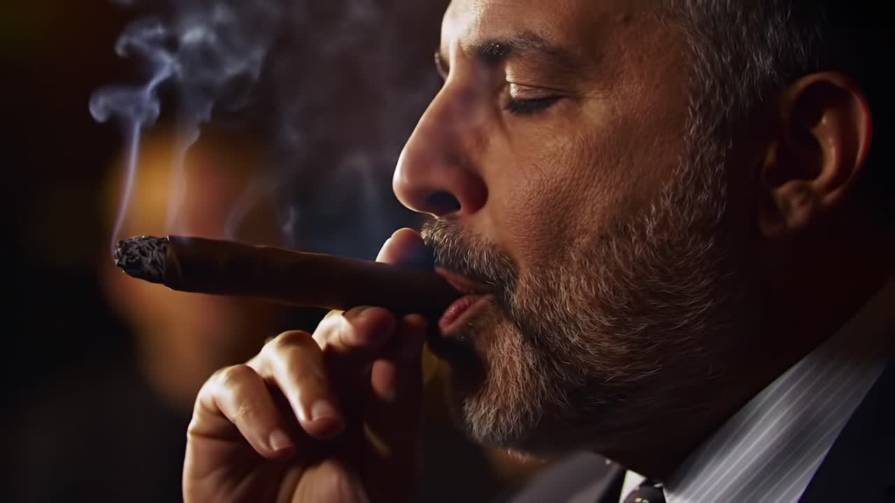A Man Enjoying a Cigar Amidst a Smoky Atmosphere, Capturing the Essence of Relaxation and Contemplation in a Sophisticated Setting