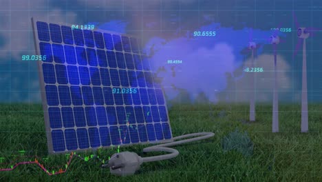 animation of financial data processing over wind turbines and solar panel