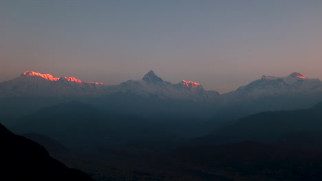 snow peak of machapuchare mountain and annapurna range also called fishtail mountain at sunrise in the himalayas in nepal