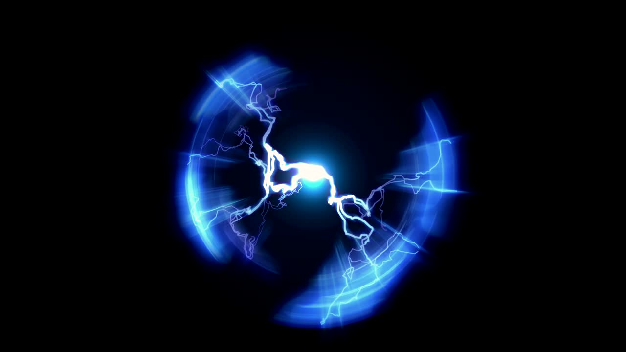 Lightning and bright light in energy ball with spherical plasma radiating electric rays. Looping animation.