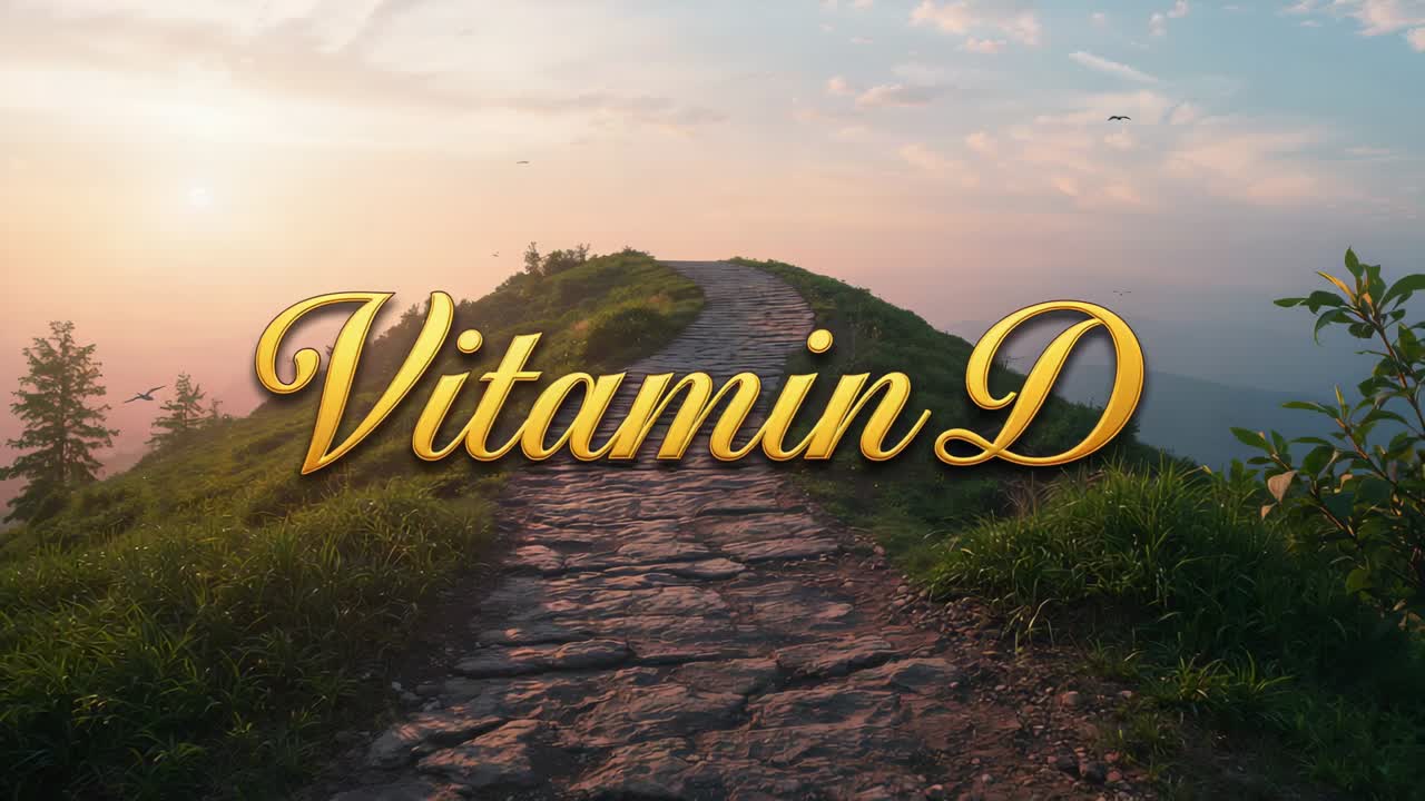 Showing gold Vitamin D title staying centered on hill path while sun warming letters, birds flying