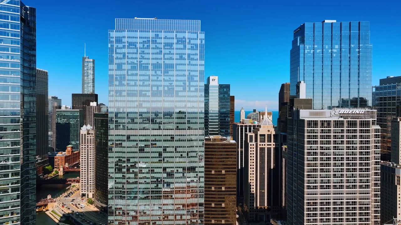 Incredibili edifici giganteschi di vetro e cemento. Sorvolando i grattacieli a Chicago, Illinois, USA