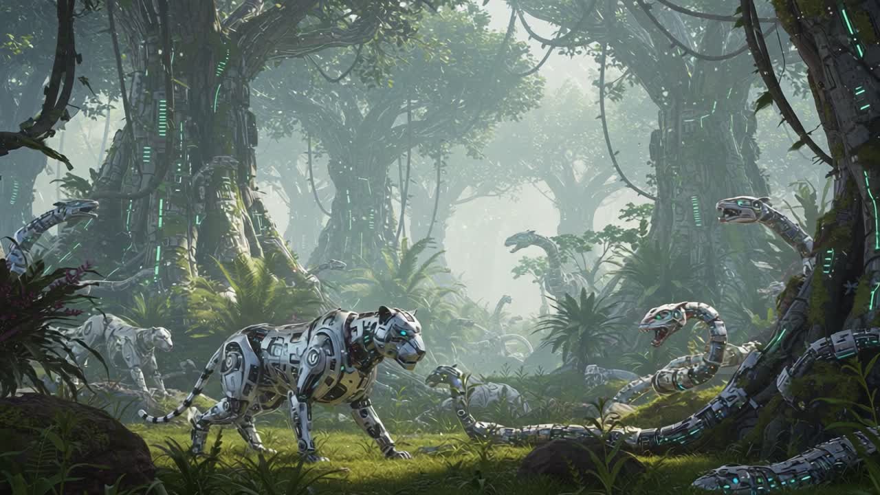 In a lush, futuristic jungle scene, a robotic tiger confronts mechanized serpents amidst dense vegetation, highlighting wildlife's clash with technology in a captivating environment