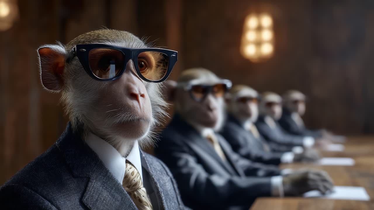 En gruppe sofistikerede aber i jakkesæt og solbriller sidder ved et langt bord og viser et humoristisk syn på virksomhedslivet og forretningsmøder med et usædvanligt twist