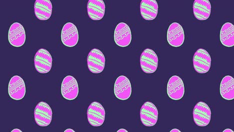 Animation-of-pink-patterned-Easter-eggs-moving-in-rows-on-purple-background