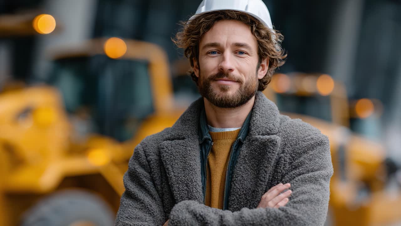 Confident Construction Worker Smiling in Front of Heavy Machinery: A Portrait of Professionalism and Pride in the Industry