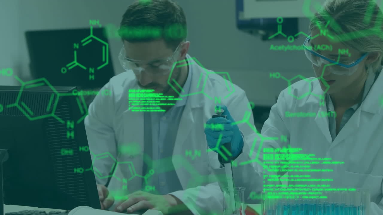 animación de procesamiento de datos con fórmula química sobre diversos científicos que trabajan en el laboratorio