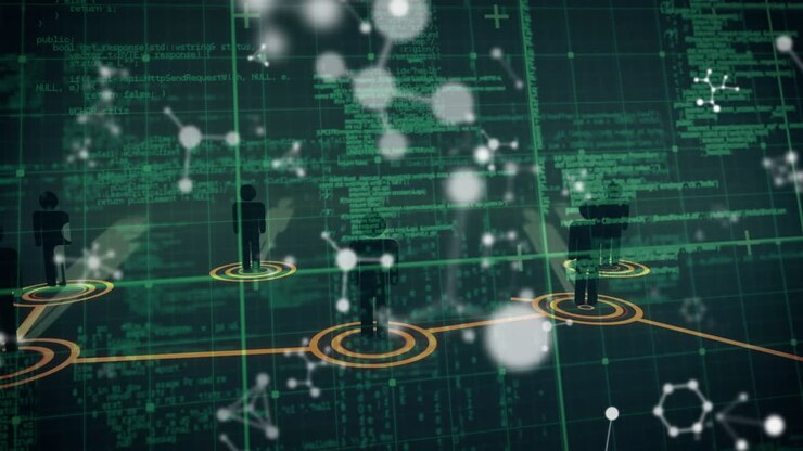 Animation of network of connections with icons over molecules, data processing