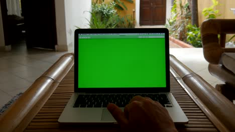 el hombre trabaja en una computadora portátil en casa con pantalla verde. el independiente trabaja en casa.
