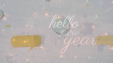 animation of hello new year text over colorful lights