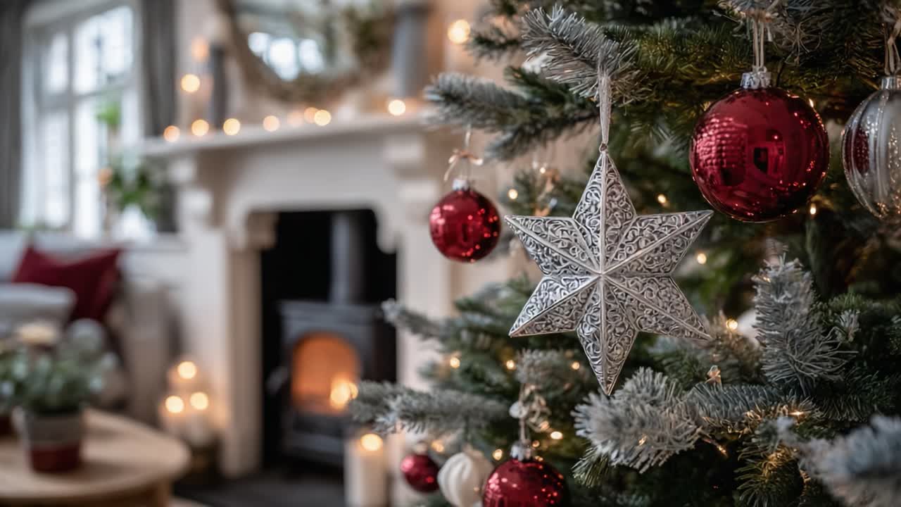 A Beautifully Decorated Christmas Tree with Stunning Ornaments, Glowing Lights, and a Cozy Fireplace Creating a Warm Holiday Atmosphere