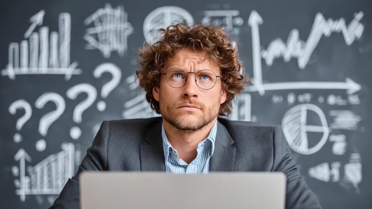 Contemplative Businessman Analyzing Data Trends with Questioning Expression in a Professional Office Setting