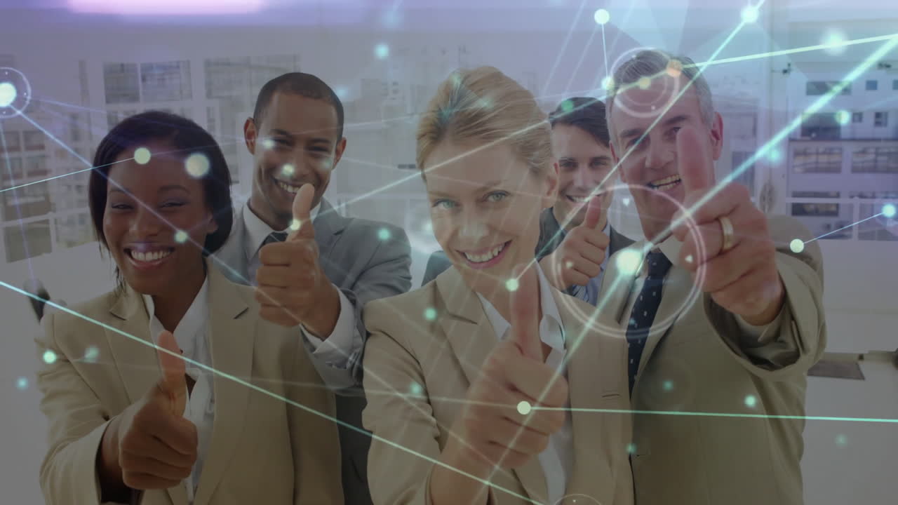 Diverse business team giving thumbs up with network connections animation overlay