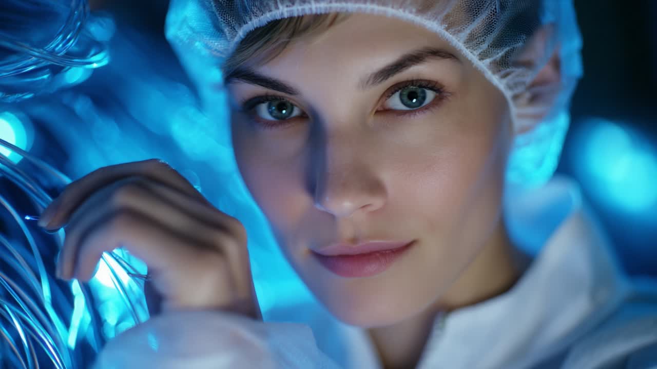 A Close-Up Portrait of a Young Woman in a Sterile Environment with a Hairnet Surrounded by Glowing Blue Lights, Showcasing Precision and Focus in a Scientific or Technical Setting