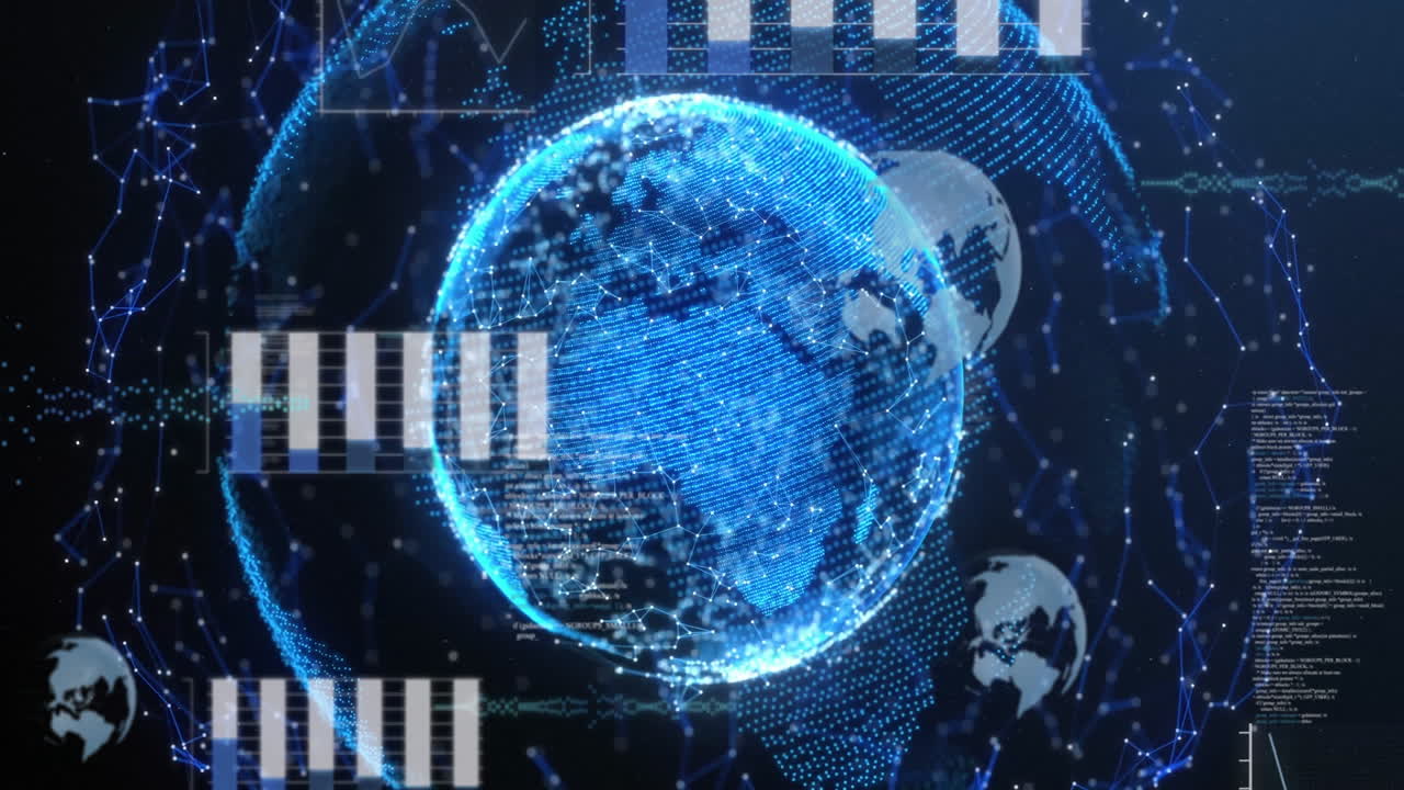 Digital globe with data processing animation over network connections and graphs