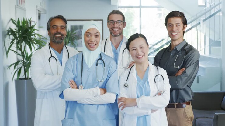 Medico che sorride alla telecamera nel corridoio dell'ospedale 4k