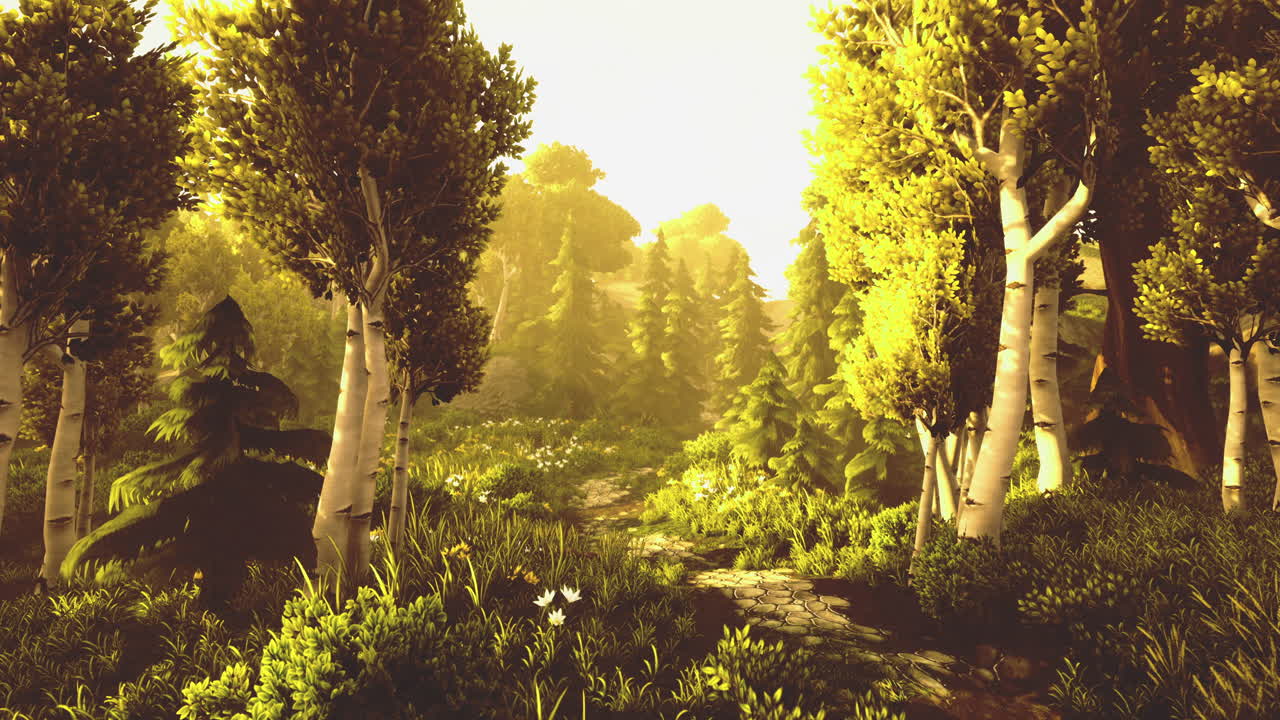 Golden sunlight illuminating a tranquil forest path surrounded by trees