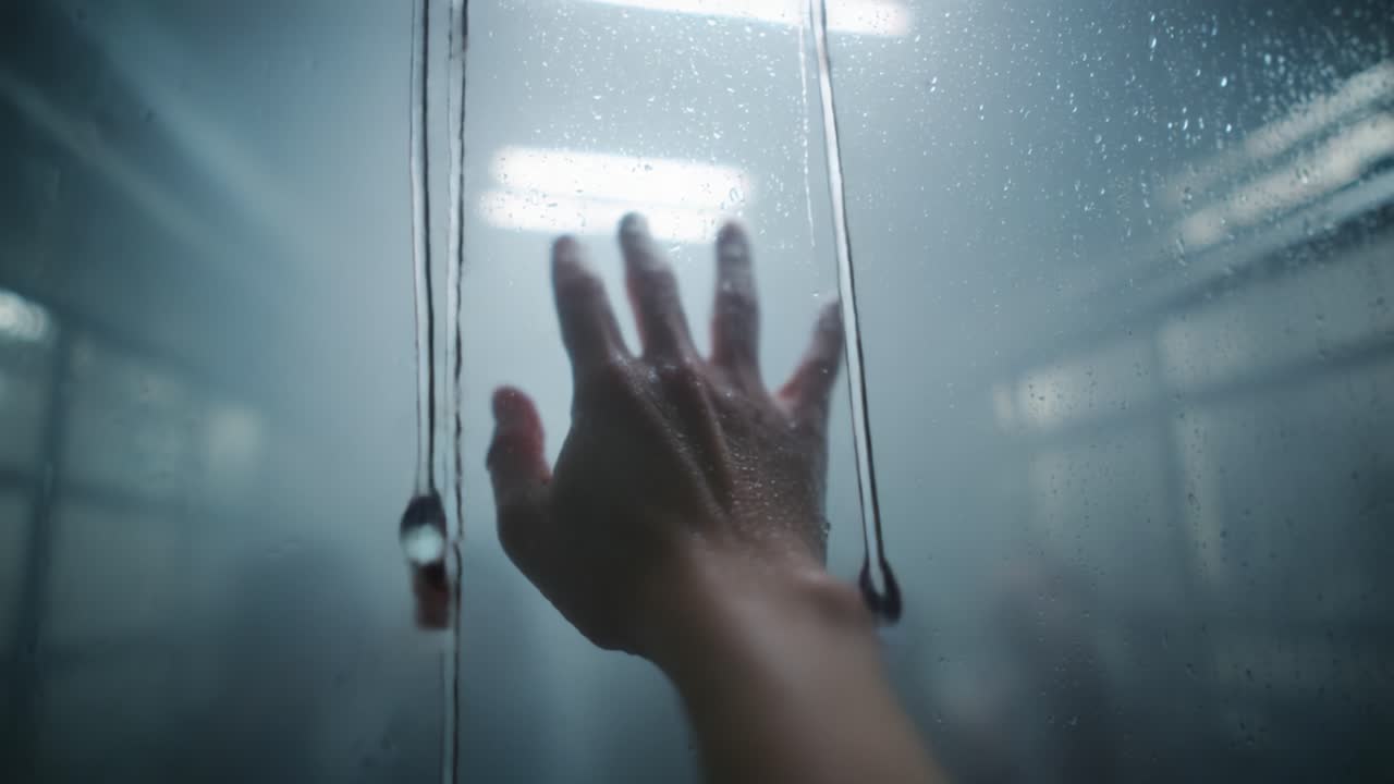 A solitary hand reaches through a misty glass barrier, symbolizing the longing for connection and the struggle against unseen forces, capturing a poignant moment of yearning and isolation