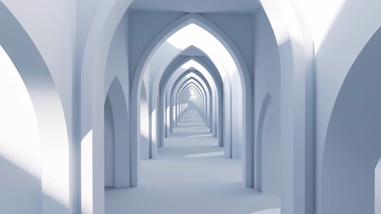 Un largo pasillo interior vacío de arcos apuntados repetitivos crea una fuerte simetría, profundidad limpia, luz diurna suave, superficies azul pálido y un ambiente futurista sereno con elegante repetición geométrica