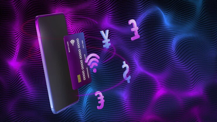 Animation of smartphone and credit card with currency symbols over shapes on black background