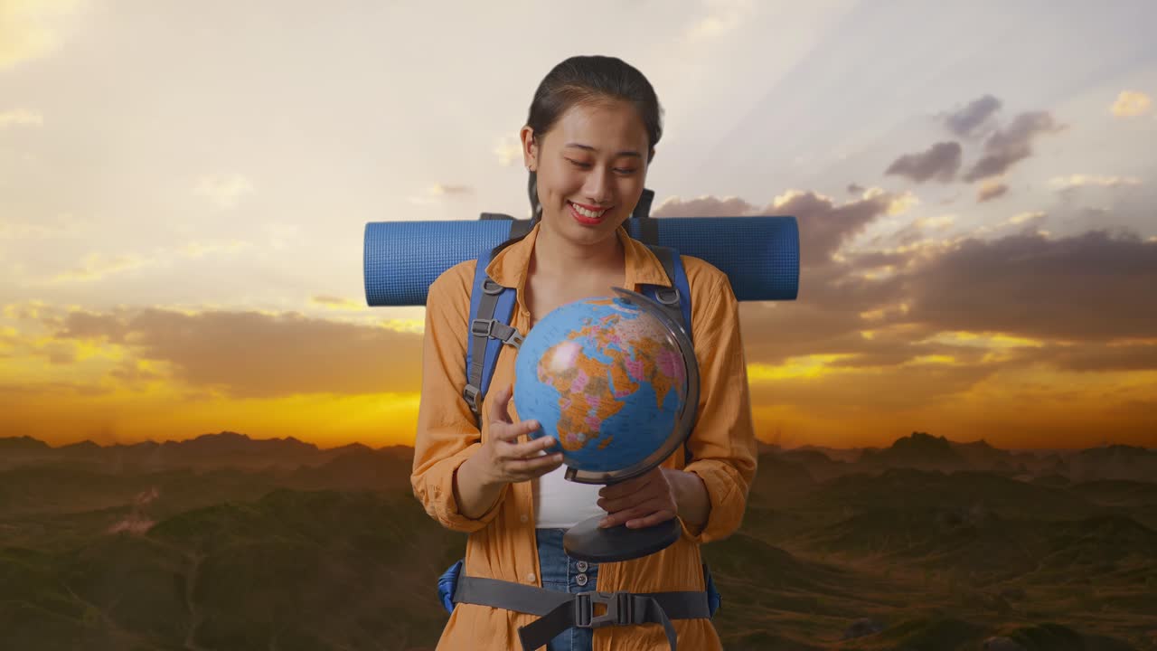 excursionista asiática con mochila de montañismo sosteniendo el globo mundial en sus manos y sonriendo mientras está de pie en la cima de la montaña durante la hora de la puesta del sol