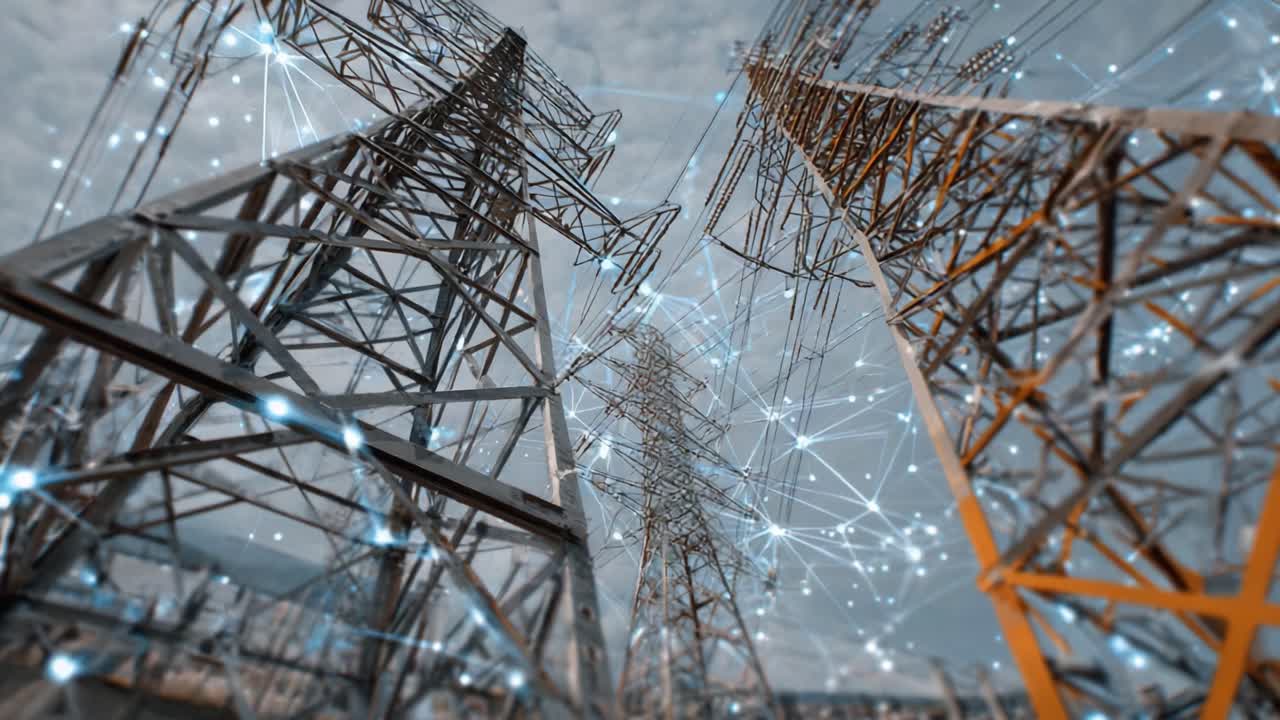 A Dynamic Perspective of High Voltage Power Lines Shimmering with Energy Connections Under a Cloudy Sky, Showcasing Modern Infrastructure and Technological Networks