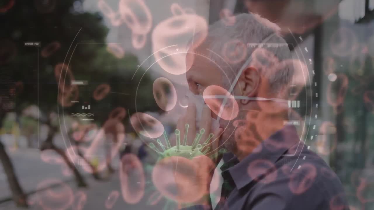 코로나19 세포가 얼굴 마스크를 쓰고 있는 사람을 가로질러 움직이는 애니메이션