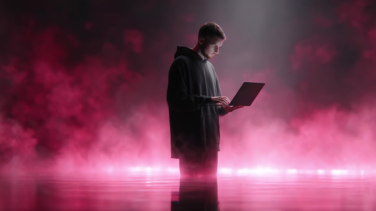 A focused individual immersed in a surreal atmosphere, using a laptop amidst swirling pink fog, symbolizing the fusion of technology and creativity in a modern digital landscape