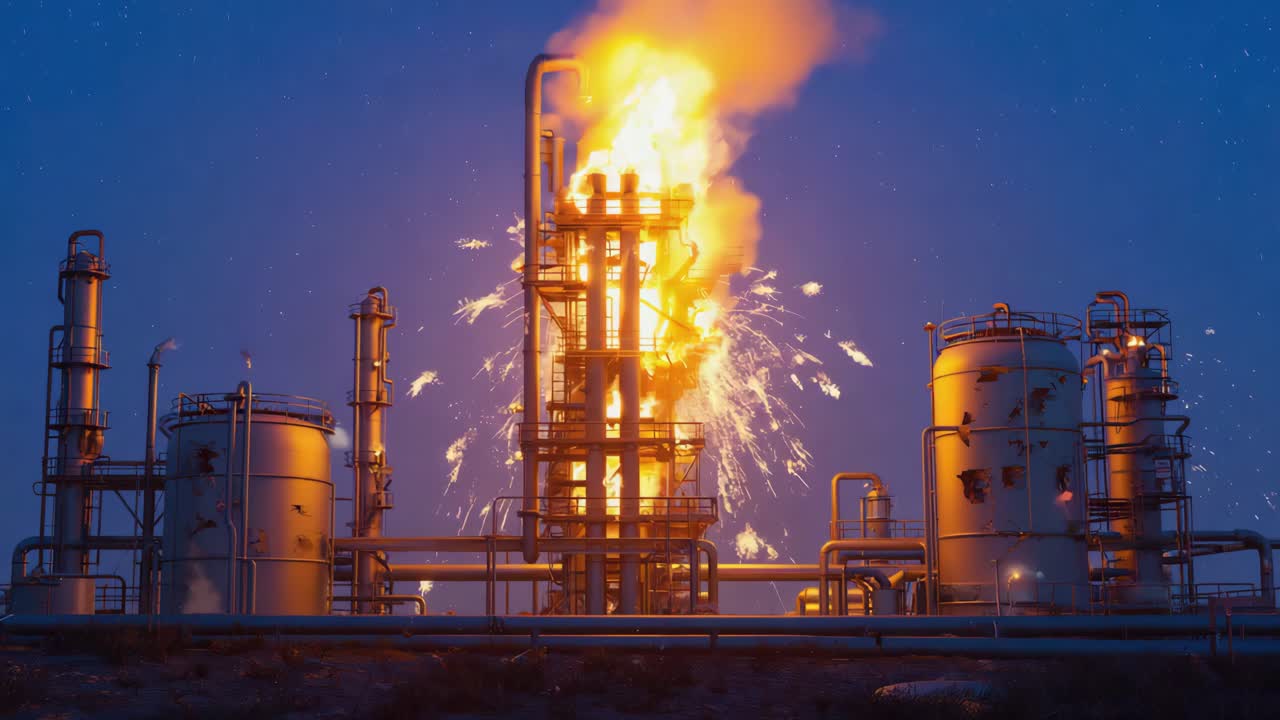 Oil refinery flaring at night