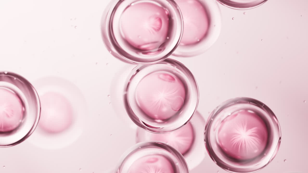 Cella rosa trasparente con concetto biotecnologico e cosmetico, rendering 3D