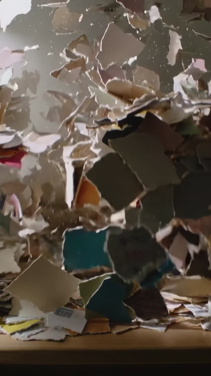 Vertical video: Erupting after cam move, mound of torn paper scattering then settling on table